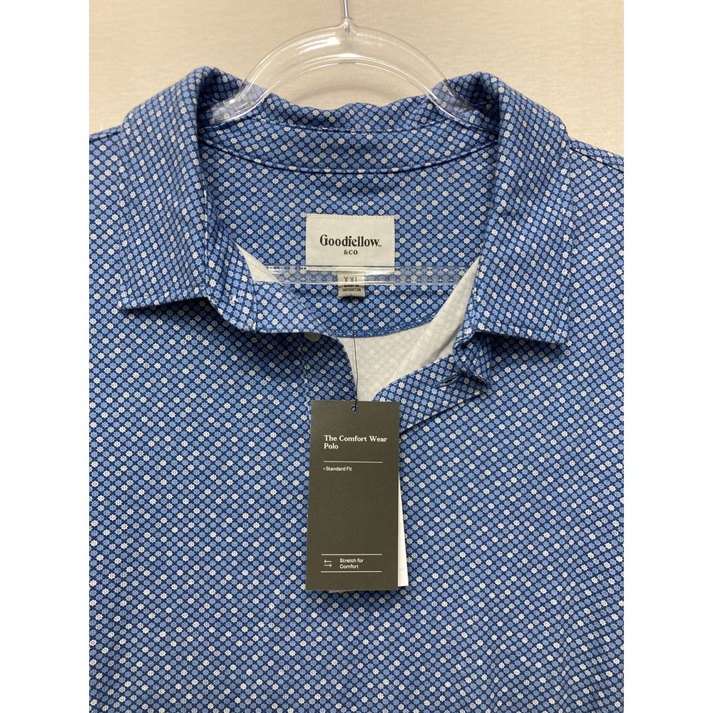 New Goodfellow & Co Polo Shirt XXL Blue Geometric Comfort Wear Stretch Golf